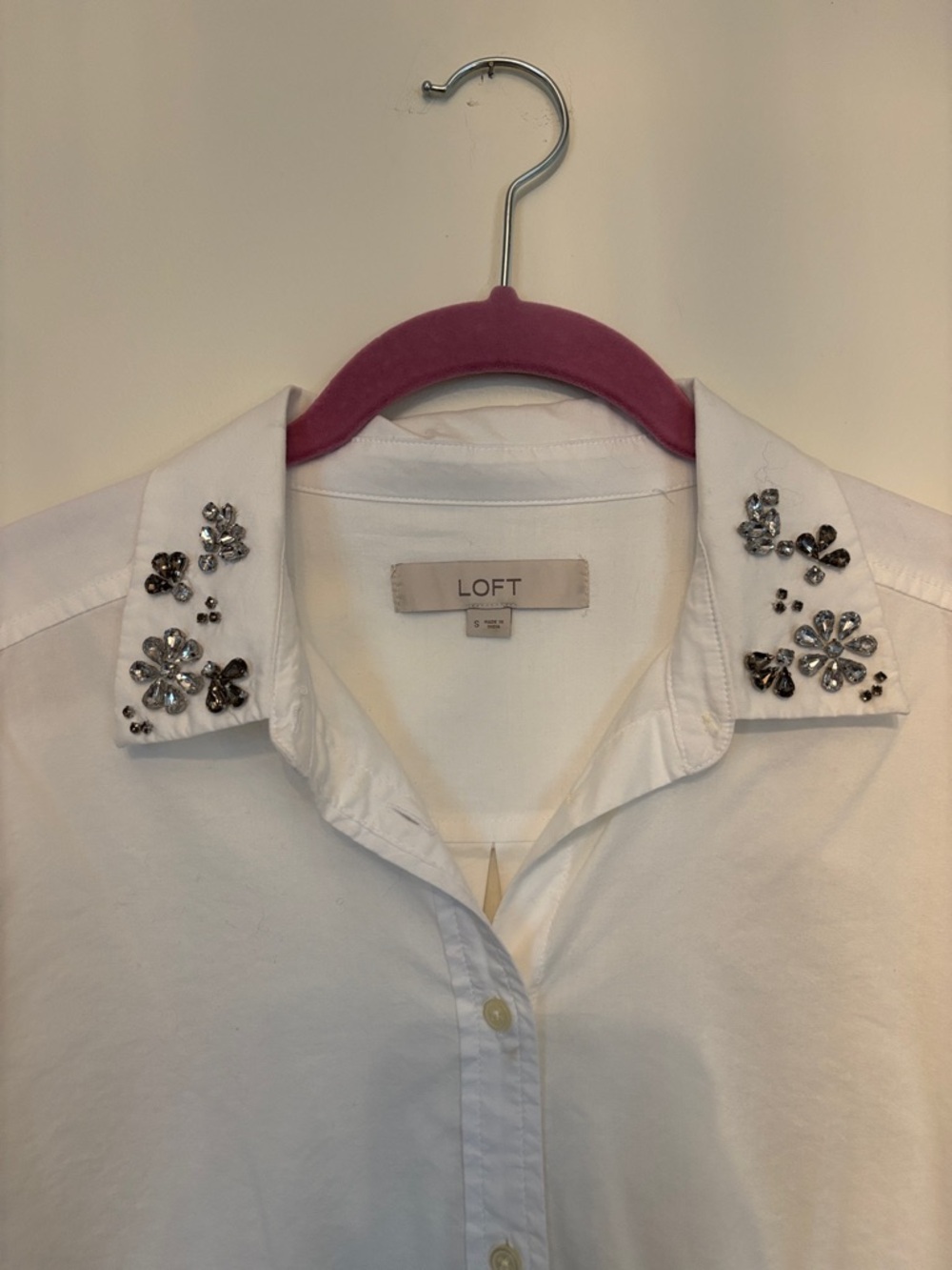 LOFT White Button-Down with Beaded Floral Collar